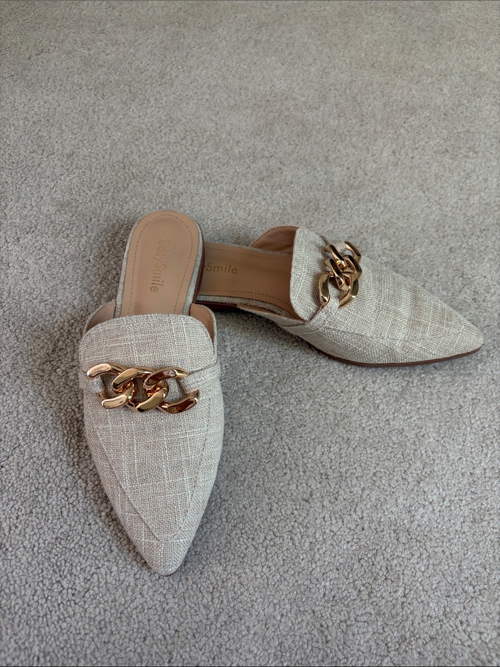 Pointed Linen-Texture Chain-Trim Mules — Cream